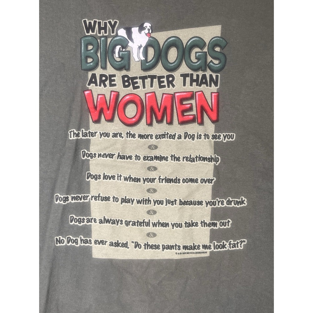Vintage Big Dogs T Shirt Why Are Better Than Women Green 1999 90s y2k L? No Size
